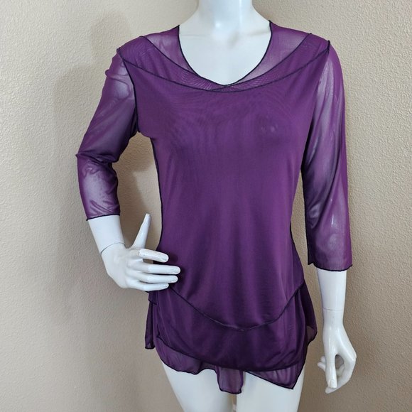 CYNTHIA ASHBY Purple Nylon Sheer 3/4 Sleeve Layered Top~Size S - Picture 1 of 11